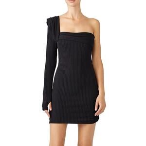 Baja East Dress Striped Drastic One Shoulder Long Sleeve Sheath Mini Black 2